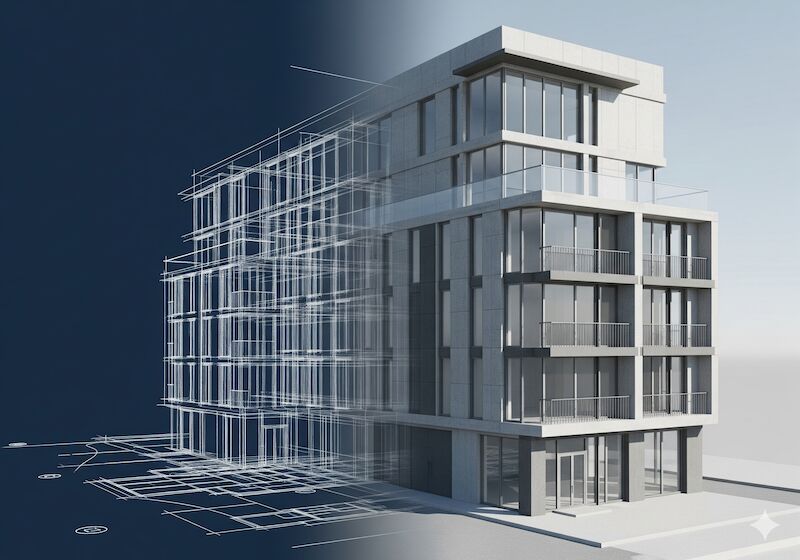 Blueprint sketch transforming into 3D building model